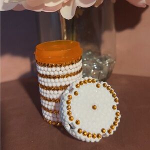 Handmade Luxury Rhinestone Pill Bottle – White & Orange Bling Organizer